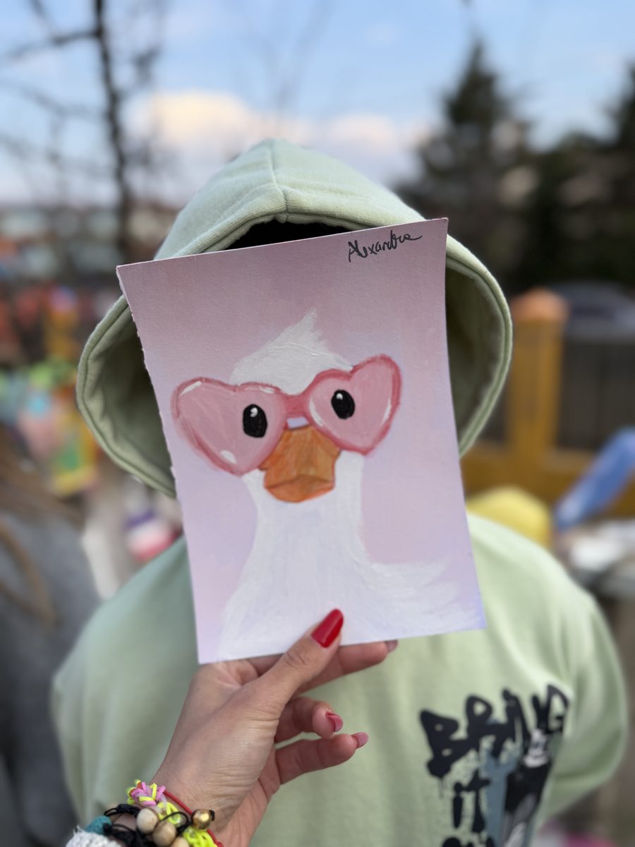 Pictură cu o gâscă cu ochelari roz, făcută de un copil